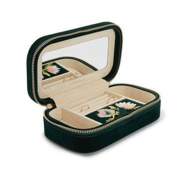Photo of the WOLF 1834 Zoe Travel Zip Case Embroidered Jewellery Box in forest green 393312