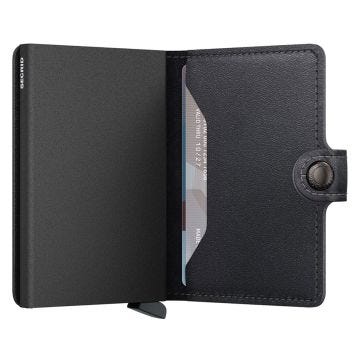 Photo of the Secrid Miniwallet Powdercoat Black (Mpc-Black). Close-up image of the sleek black wallet, showcasing its compact design and secure card storage mechanism.