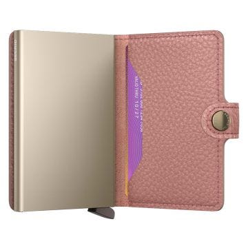 Photo of the Secrid Miniwallet Pebble Rose (MPe-Rose). Close-up image of the rose-coloured wallet, showcasing its textured finish and secure card storage mechanism.