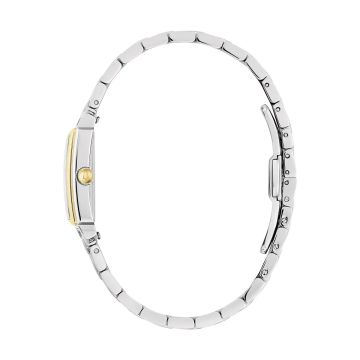 Photo of the Bulova Sutton 98P220 ladies' watch, showcasing its exquisite mother of pearl diamond dial, polished stainless steel case, and yellow gold PVD accents, designed for timeless elegance and precision.
