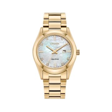 Photo of the Citizen Ladies' Diamond 33mm, Mother of Pearl Dial, Gold Tone Stainless Steel, Eco-Drive Watch EW2702-59D