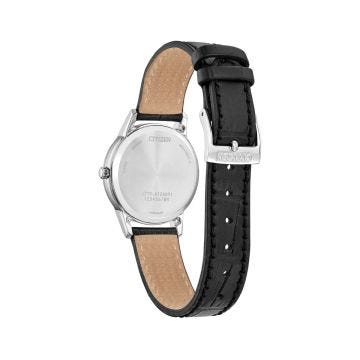 Photo of the Citizen Ladies' Strap 30mm, Blue Dial, Stainless Steel Case, Black Leather Strap, Eco-Drive Watch FE1087-01L