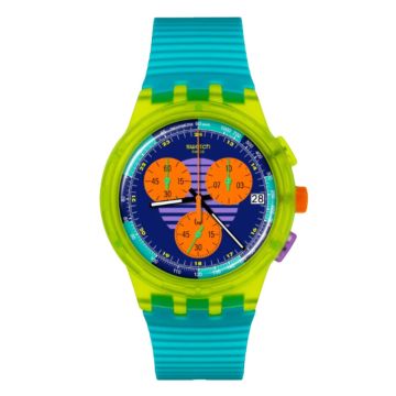 Swatch Neon SWATCH NEON WAVE 42mm, Multicoloured Dial, Transparent Case, Green Strap Watch. 