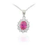 Sterling Silver Traditional Red Stone Oval CZ Cluster Pendant Necklace