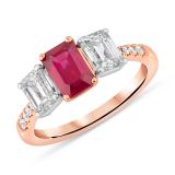 18K Rose Gold, Platinum, Ruby & Diamond Emerald Cut Trilogy Ring
