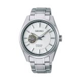 Photo of the Seiko Presage Sharp Edged Midday 40mm watch (SPB309J1) with a white textured dial, automatic movement, and a stainless steel case