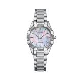Phot of the Citizen Diamond Octavia 28mm Eco-Drive watch with mother of pearl dial, stainless steel case, and diamond accents, model EW2650-51D. A luxurious, light-powered timepiece perfect for adding a touch of elegance to any outfit.