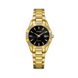 Photo of the Citizen Diamond Octavia 28mm Eco-Drive watch with black dial, gold tone stainless steel case, and diamond accents, model EW2652-55E. A sophisticated, light-powered watch that combines elegance with sustainability.