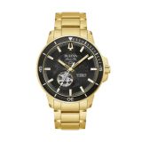 Photo of the Bulova Marine Star 97A174 automatic watch with a black skeleton dial, stainless steel and yellow gold PVD case