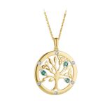 14K Gold Flush Set Diamond & Emerald Tree of Life Necklace