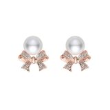 Mikimoto 18k Rose Gold 6.5mm Pearl Diamond Bow Stud Earrings