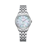 Photo of the Citizen Silhouette Diamond 26mm Eco-Drive watch featuring a shimmering mother of pearl dial, stainless steel case, and sparkling diamond accents for a luxurious look.