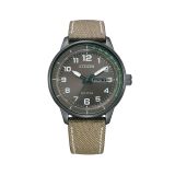 Photo of the Citizen Weekender 42mm, Brown Dial, Stainless Steel Case, Beige Fabric Strap, Eco-Drive Watch BM8595-16H