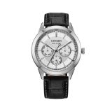 Photo of the Citizen Rolan 40mm, Silver Dial, Stainless Steel Case, Black Leather Strap, Eco-Drive Watch BU2110-01A