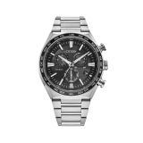 Citizen Attesa 42mm watch with a sleek black dial, Super Titanium case, and Eco-Drive technology, offering lightweight durability and solar-powered precision CB5966-69E