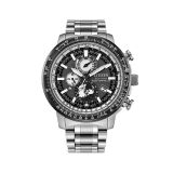 Photo of the Citizen Promaster Sky Geo Trekker 46mm watch BY3006-53H with a grey dial, stainless steel case, and bracelet, powered by Eco-Drive technology. Designed for adventure with precision and durability.