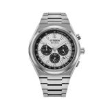 Photo of the Citizen Zenshin Chrono Super Titanium 42mm watch CA4610-85A with a sleek white dial, chronograph function, and lightweight, durable Super Titanium case, powered by Eco-Drive technology.