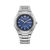 Photo of the Citizen Zenshin Super Titanium 39mm watch AW0130-85L featuring a sleek blue dial, durable Super Titanium case and bracelet, and Eco-Drive technology.