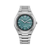 Photo of the Citizen Zenshin Super Titanium 39mm watch AW0130-85X with a striking green dial, lightweight Super Titanium case and bracelet, featuring Eco-Drive technology for continuous power.