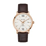 Photo of the Bulova Hudson 97B225 men's watch with a sophisticated white dial, rose gold PVD case, and leather strap