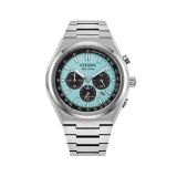 Photo of the Citizen Zenshin Chrono Super Titanium 42mm watch CA4610-85M with an eye-catching turquoise dial, durable Super Titanium case and bracelet, featuring Eco-Drive technology and chronograph functionality.