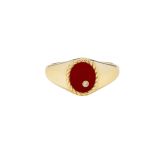  Yvonne Léon 9K Yellow Gold sz 50 Baby Chevalière Ovale Agate Rouge or Jaune
