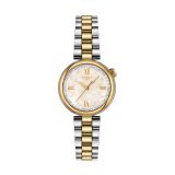 Photo of the Tissot Desir 28mm watch (T1520102211801) with a Mother of Pearl dial, yellow gold PVD Roman numeral indexes, and a two-tone stainless steel & yellow gold PVD bracelet