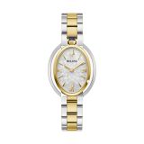 Photo of the Bulova Rubaiyat 98L320 ladies' watch with a sophisticated silver dial, elegant yellow gold PVD accents, and a stainless steel case 98L320