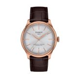Photo of the Tissot Chemin Des Tourelles Powermatic 80 39mm watch (T1398073603100) with a silver dial, Powermatic 80 movement, rose gold PVD-coated stainless steel case, and leather strap