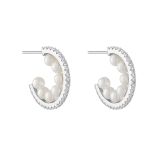 Sterling Silver Inside White Pearl Outside Round White Cubic Zirconia Hoop Earrings