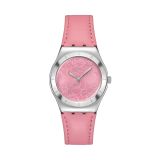 Photo of the Swatch Pink Petal Promise 33mm pink floral dial quartz watch with pink leather strap, model YLS234
