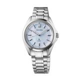 Photo of the Seiko Prospex Sea 34mm watch (SUR607J1) with a blue Mother of Pearl dial, quartz movement, and stainless steel case