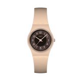 Photo of the Swatch Espresso Charm 25mm brown dial quartz watch with gradient beige-to-brown silicone strap, model LT104