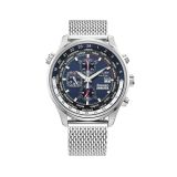 Photo of the Citizen Red Arrows Chronograph 43mm watch with a bold blue dial, stainless steel case, and Eco-Drive technology, featuring chronograph functionality and Red Arrows logo detailing CA0081-78L