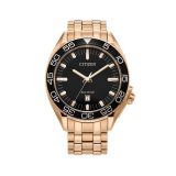Photo of the Citizen Men's Sport 41mm watch featuring a sleek black dial, rose gold tone stainless steel case and bracelet, with Eco-Drive technology for continuous power without battery replacement AW1773-55E