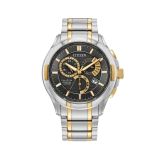 Photo of the Citizen Classic 8700 42mm watch featuring a black dial, stainless steel and gold PVD case and bracelet, with Eco-Drive technology providing continuous power from light BL8164-57E