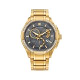 Phot of the Citizen Diamond 8700 42mm Eco-Drive watch with an elegant grey dial, gold tone stainless steel case and bracelet, and diamond hour markers BL8172-59H. A luxurious timepiece powered by Eco-Drive technology for timeless sophistication.