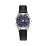 Photo of the Citizen Ladies' Strap 30mm, Blue Dial, Stainless Steel Case, Black Leather Strap, Eco-Drive Watch FE1087-01L
