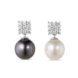 18k Diamond, Black and White Pearl Earrings
