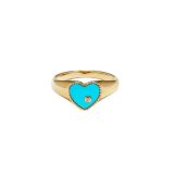 Yvonne Léon 9K Yellow Gold sz 52 Baby Chevalière Coeur Turquoise or Jaune